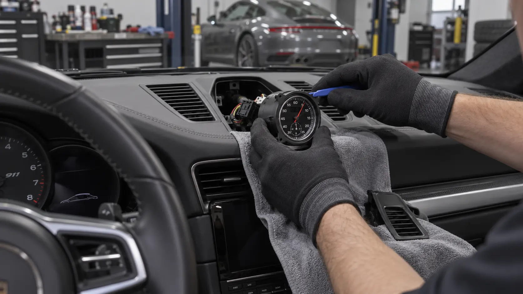 Technician removing a Porsche 911 dashboard clock module
