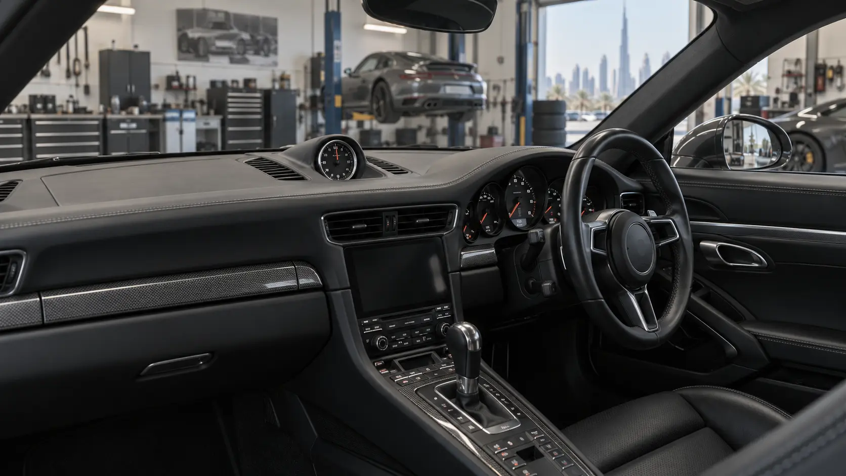 Porsche 911 dashboard clock in a Dubai specialist workshop