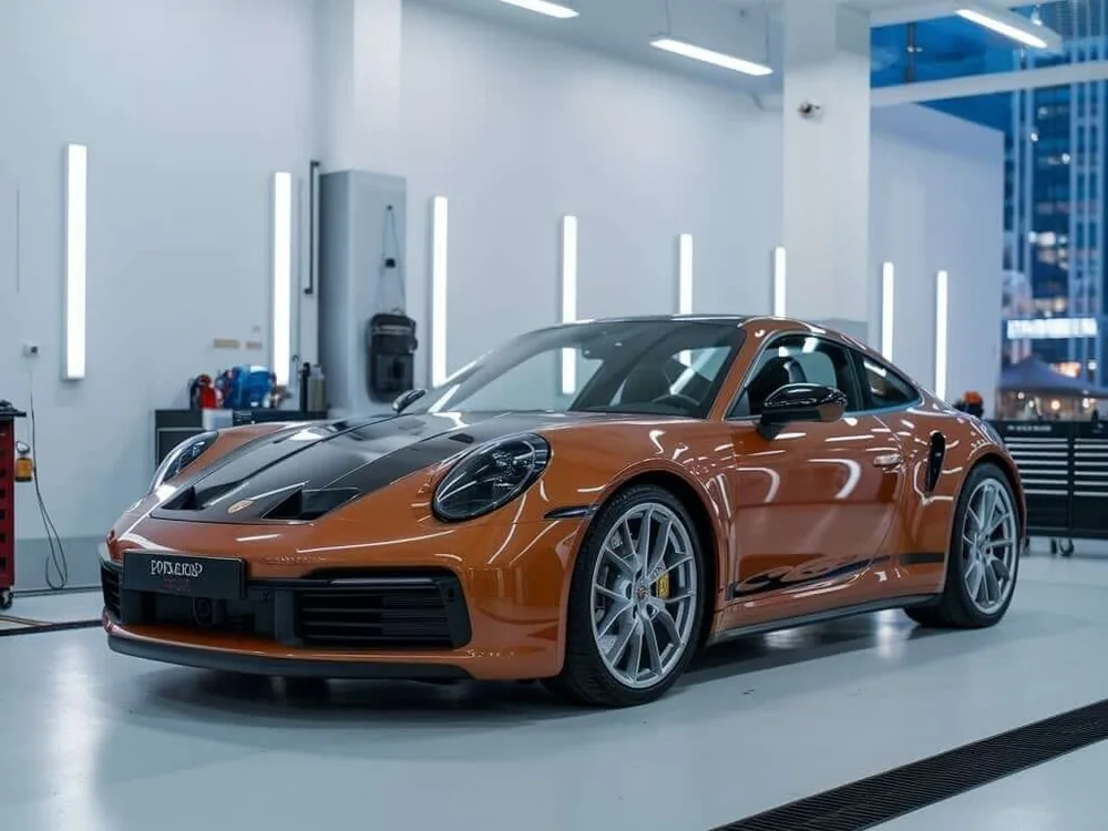 Porsche 911 front bumper and paint finish in the workshop