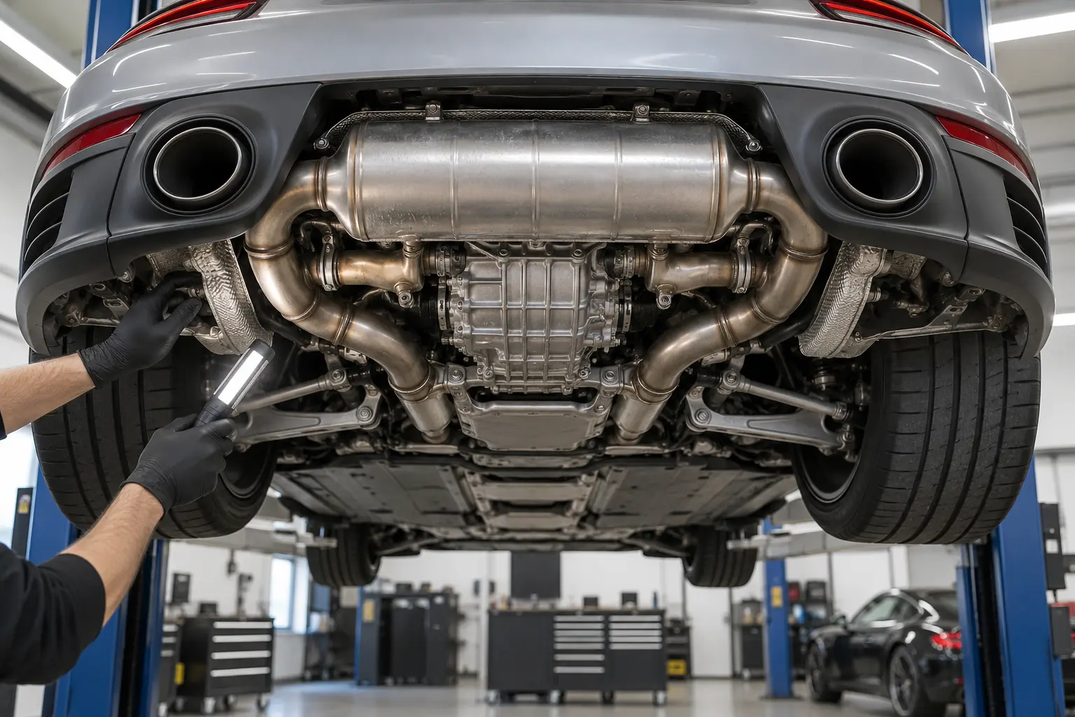 Rear underside of a Porsche 911 inspected with a workshop light