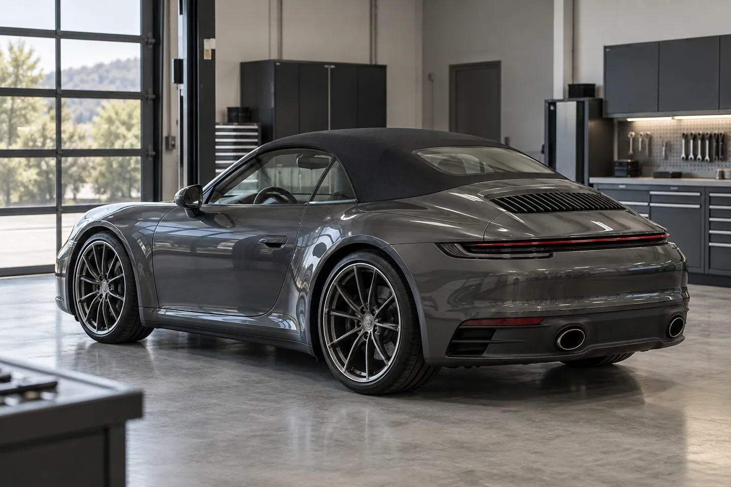 Graphite Porsche 911 Cabriolet with its black fabric roof closed in a workshop