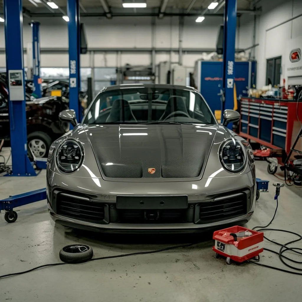Porsche 911 positioned in a workshop for assessment