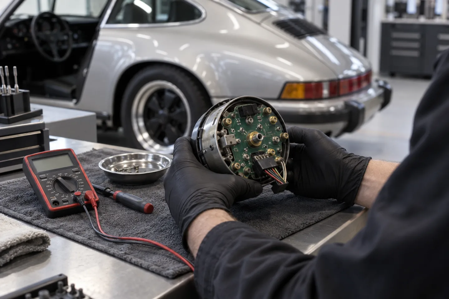 Removed round instrument being examined on a padded workbench, illustration