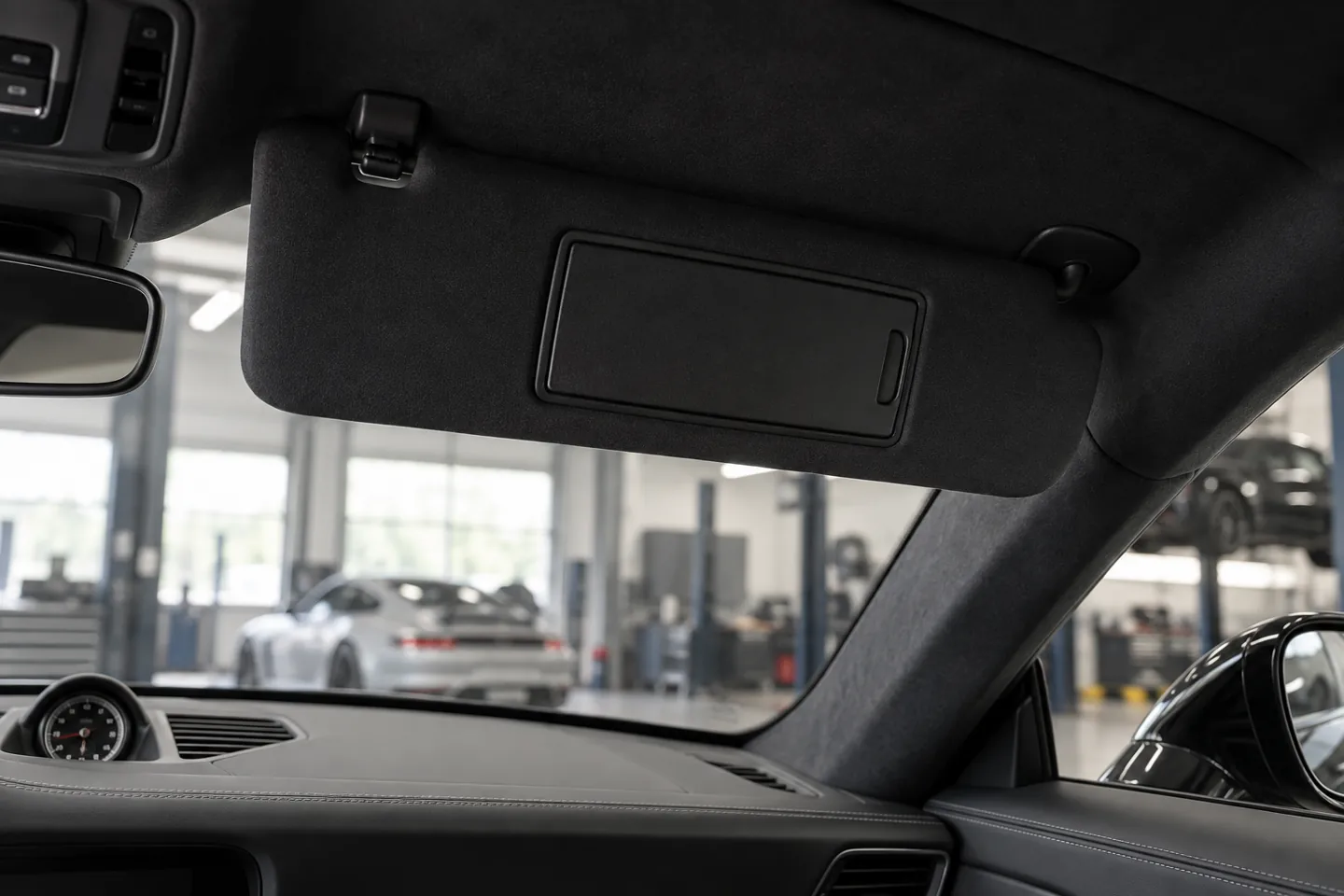 Lowered black interior sun visor in a 911 cabin, illustration