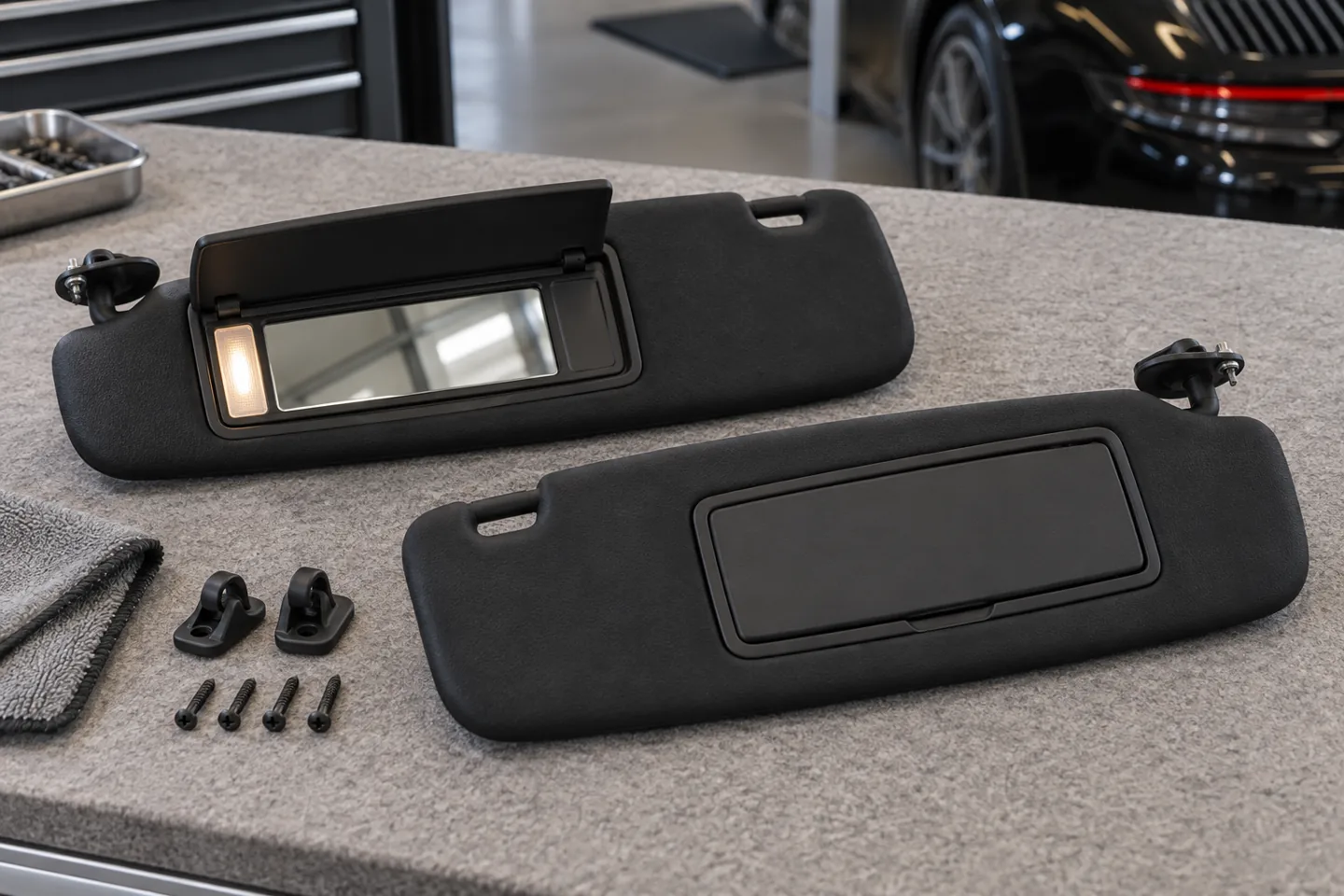 Black sun visor assemblies and mounting fittings, illustration