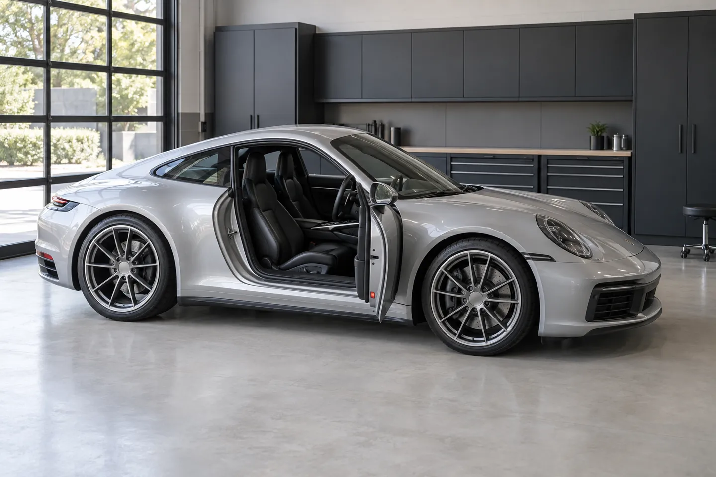 Silver 911 coupe with an open door in a workshop, illustration