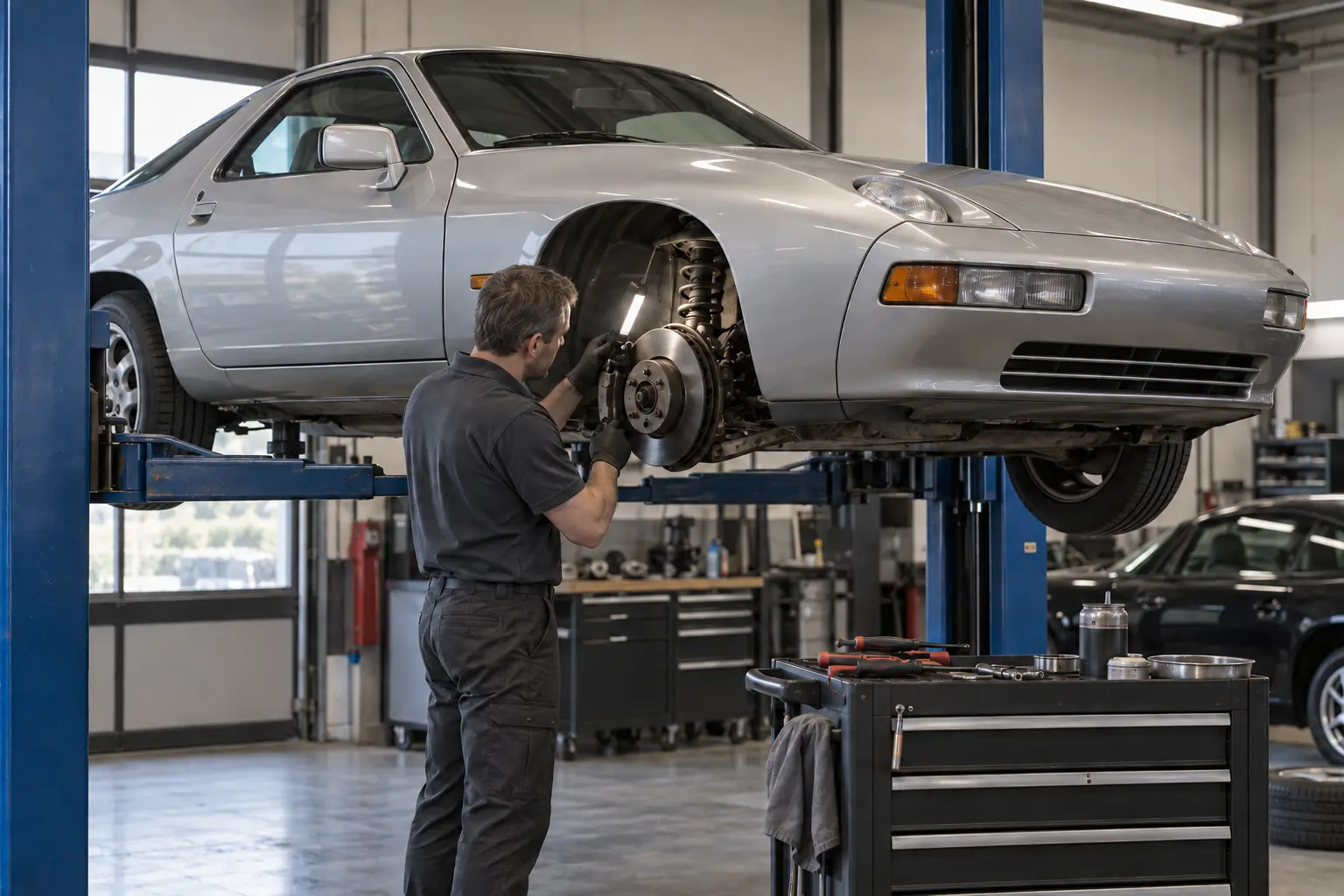 Porsche 928 brake and suspension inspection on a workshop lift