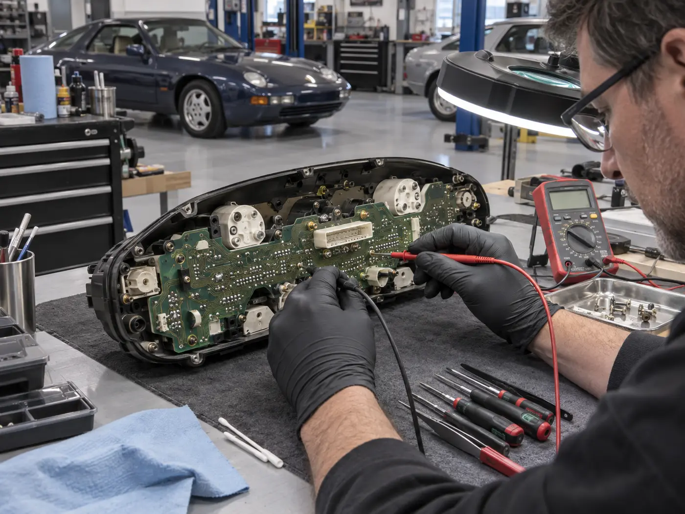 Technician testing a removed Porsche 928 instrument cluster