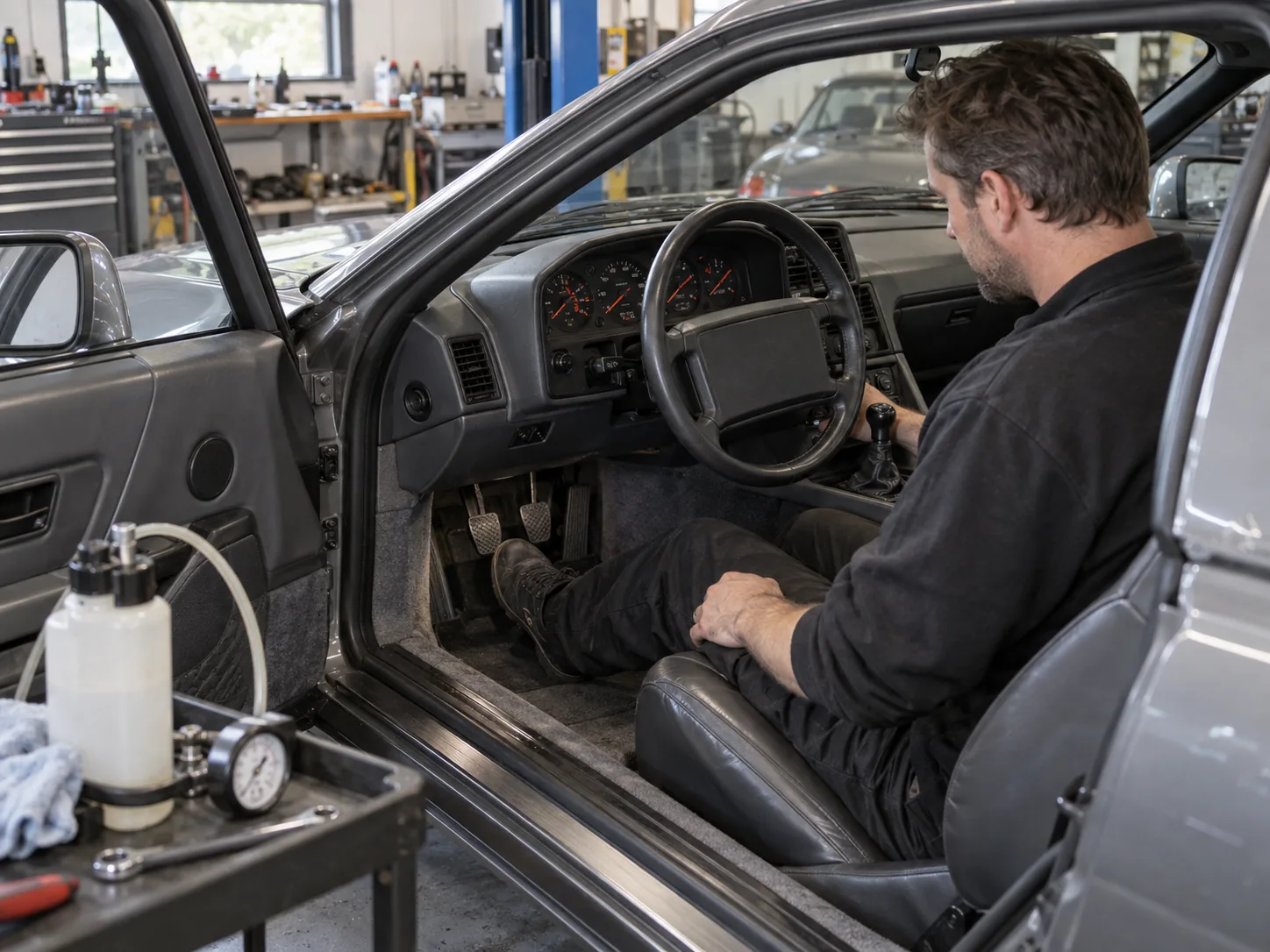 Technician checking Porsche 928 clutch pedal and hydraulic operation