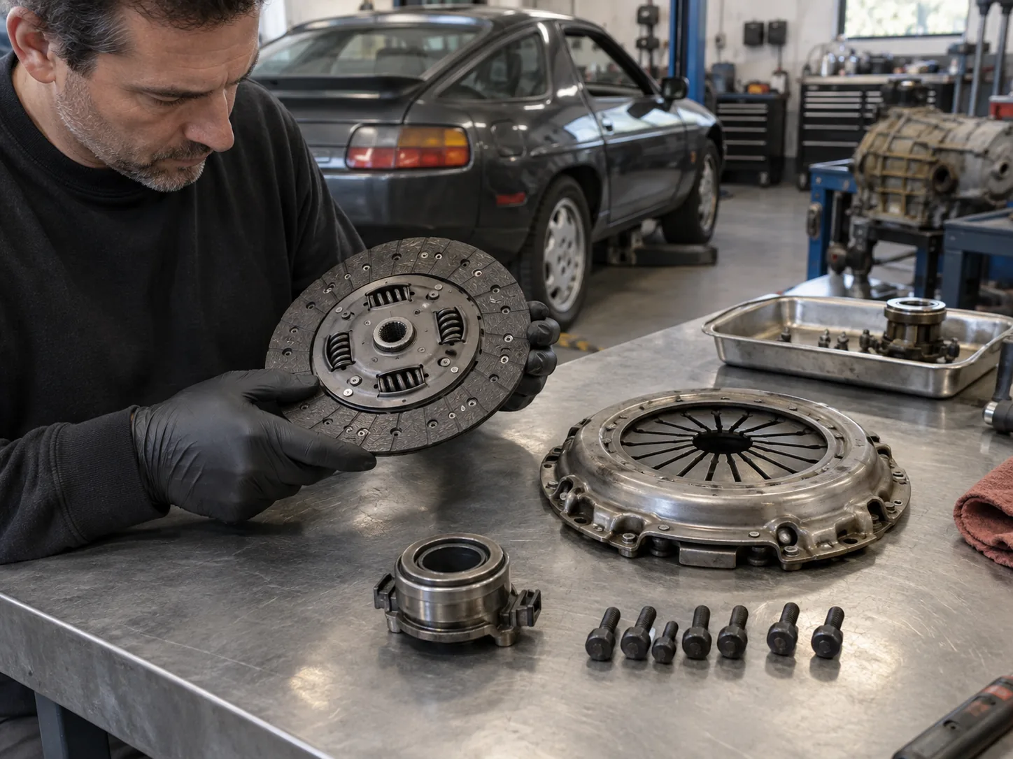 Technician inspecting a Porsche 928 clutch disc and pressure plate