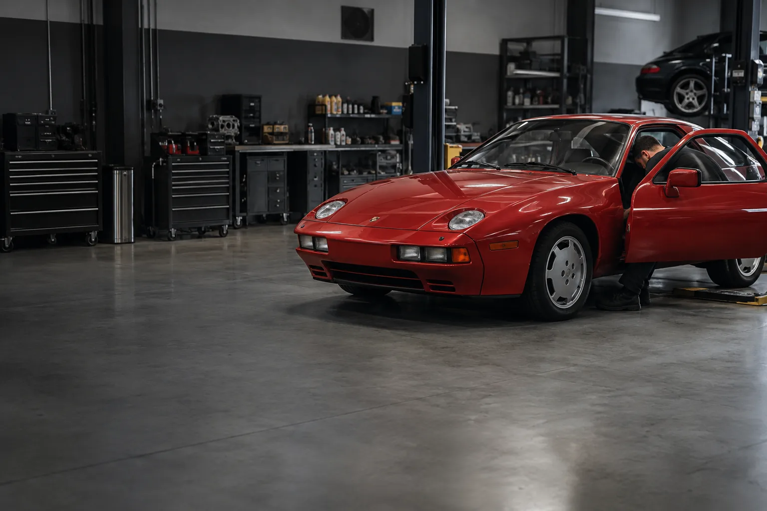 Red Porsche 928 in an independent Dubai workshop before clutch inspection