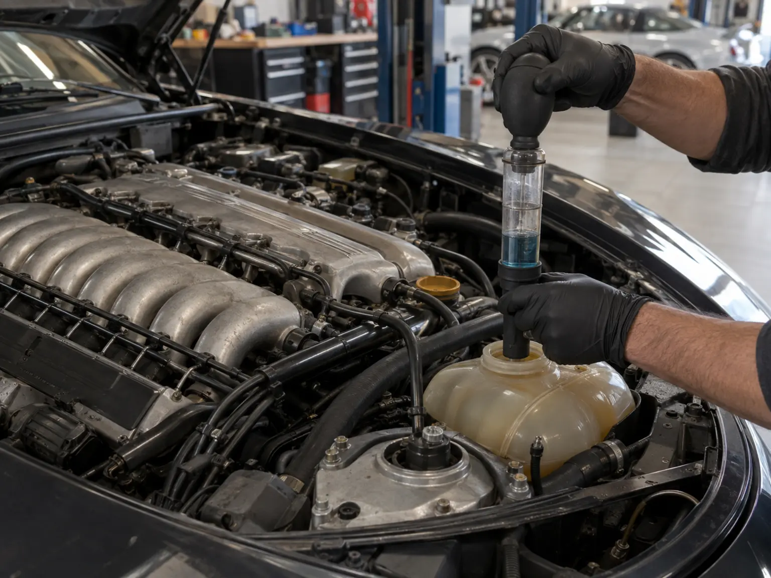 Technician testing a Porsche 928 cooling system for combustion gas