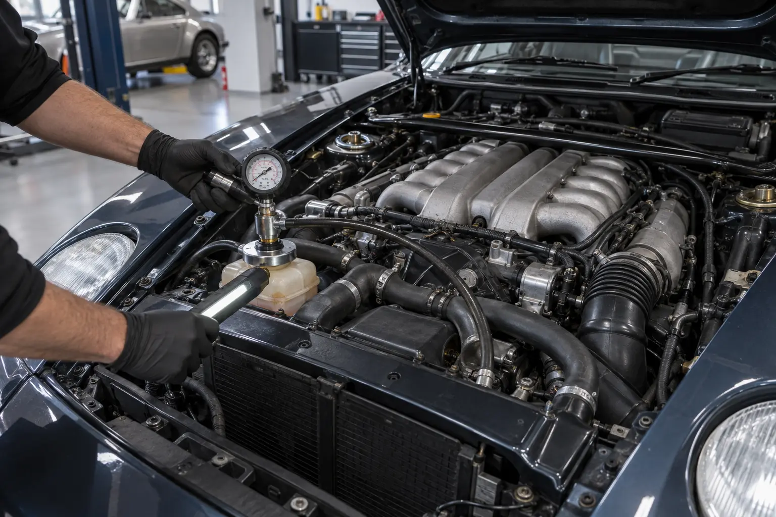 Technician pressure-testing the Porsche 928 cooling system