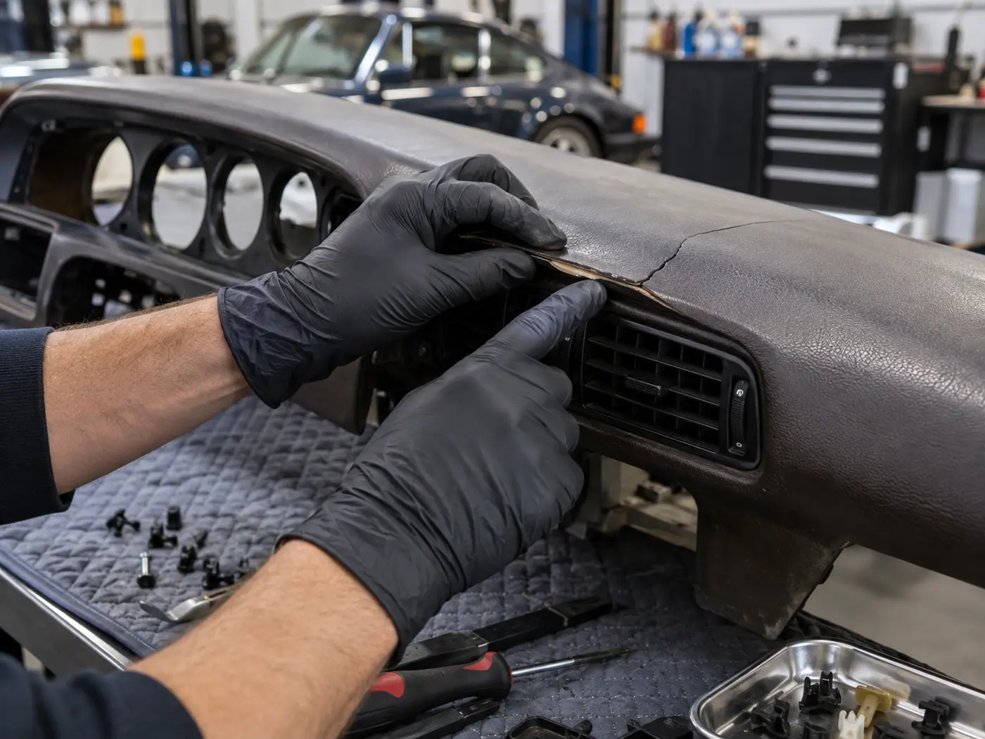 Illustrative inspection of a removed Porsche 928 dashboard