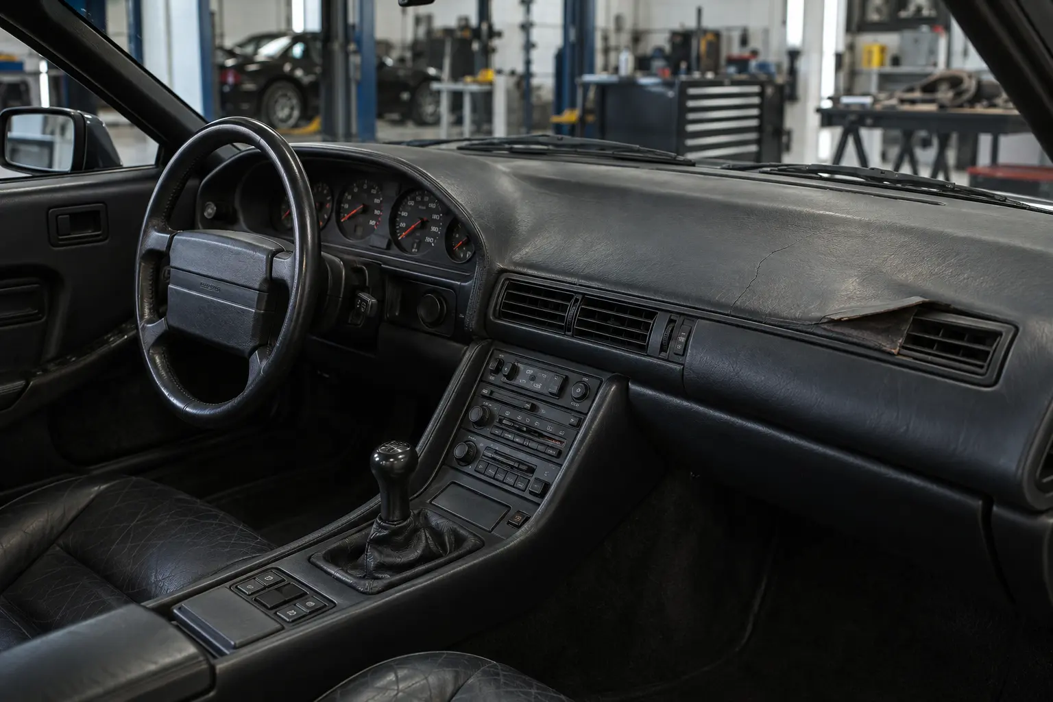 Illustrative Porsche 928 dashboard in a specialist workshop