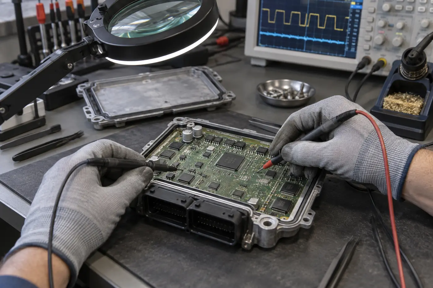 Classic engine control module undergoing circuit-board bench testing
