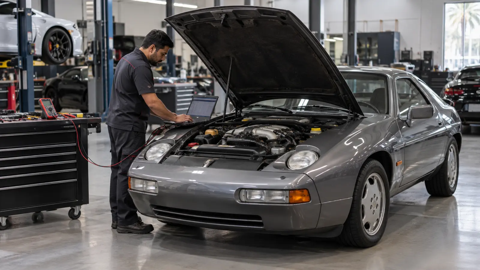 Grey Porsche 928 undergoing engine-management diagnosis in a Dubai workshop