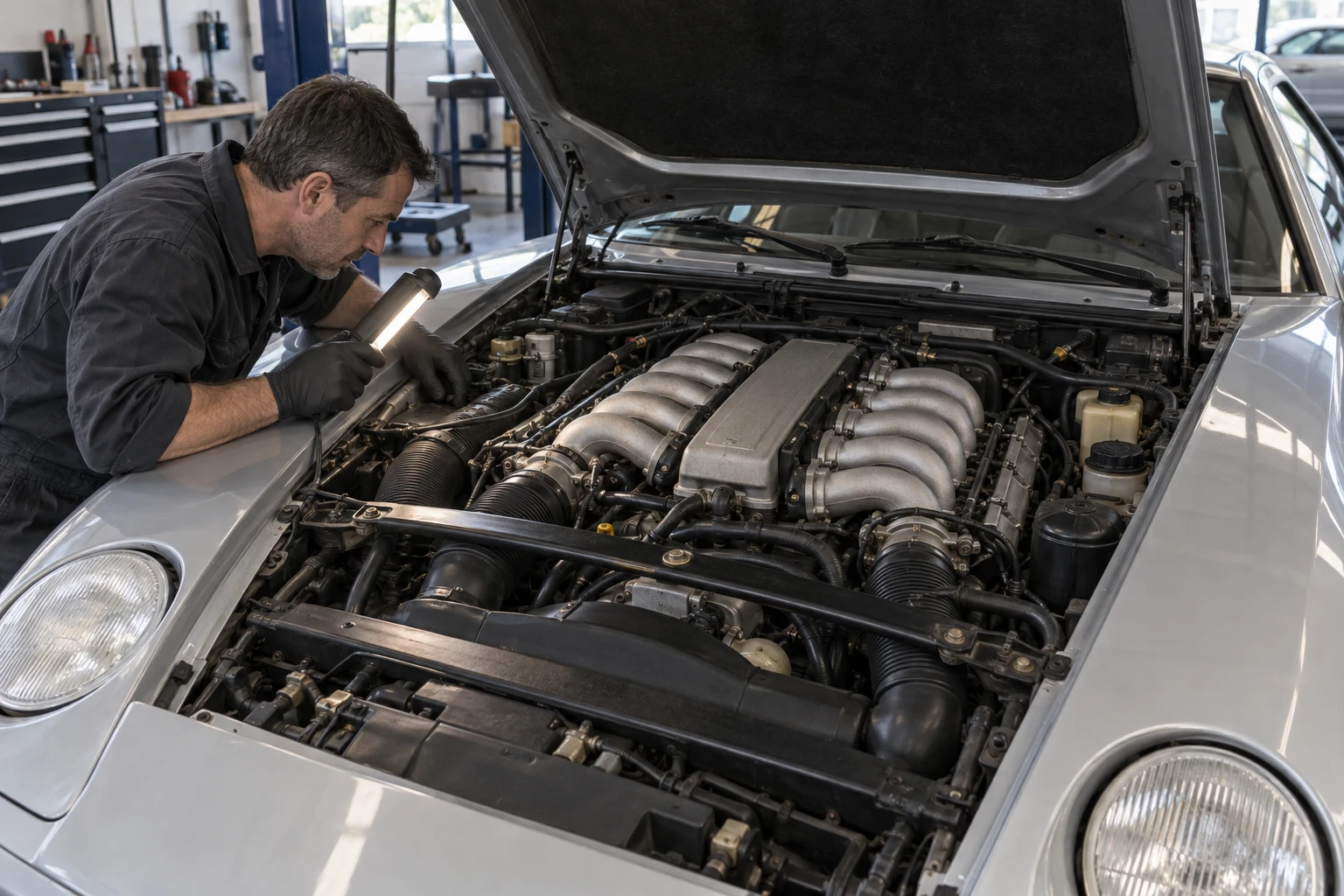 Front-mounted Porsche 928 V8 being inspected
