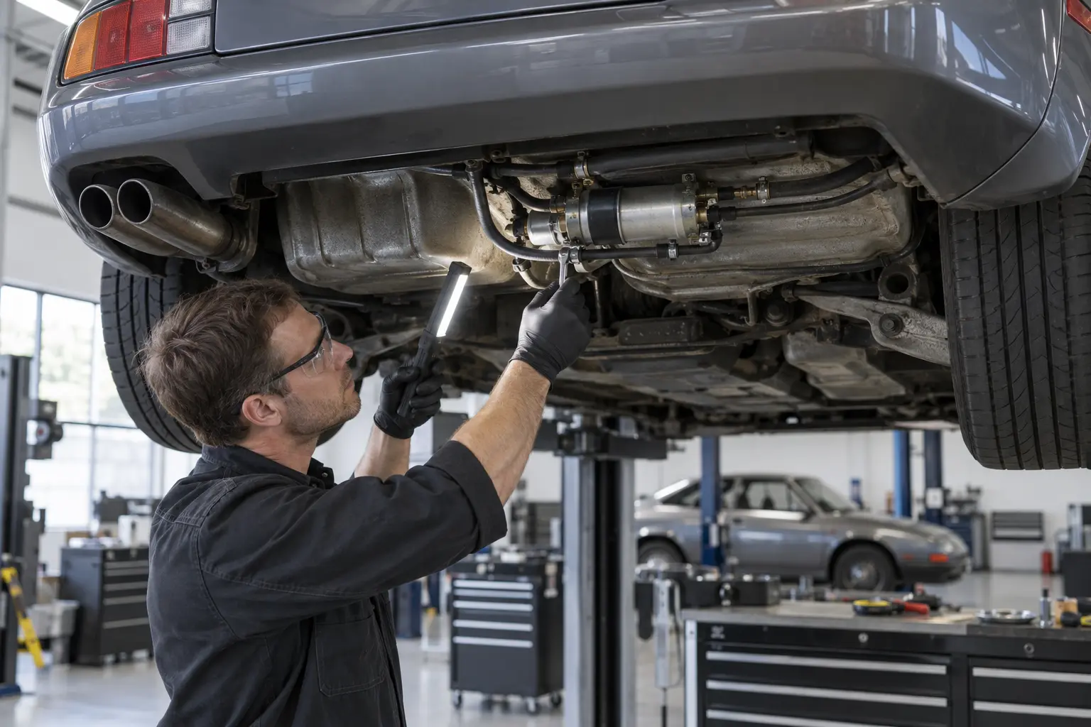 Technician inspecting the external fuel pump and filter beneath a grey Porsche 928