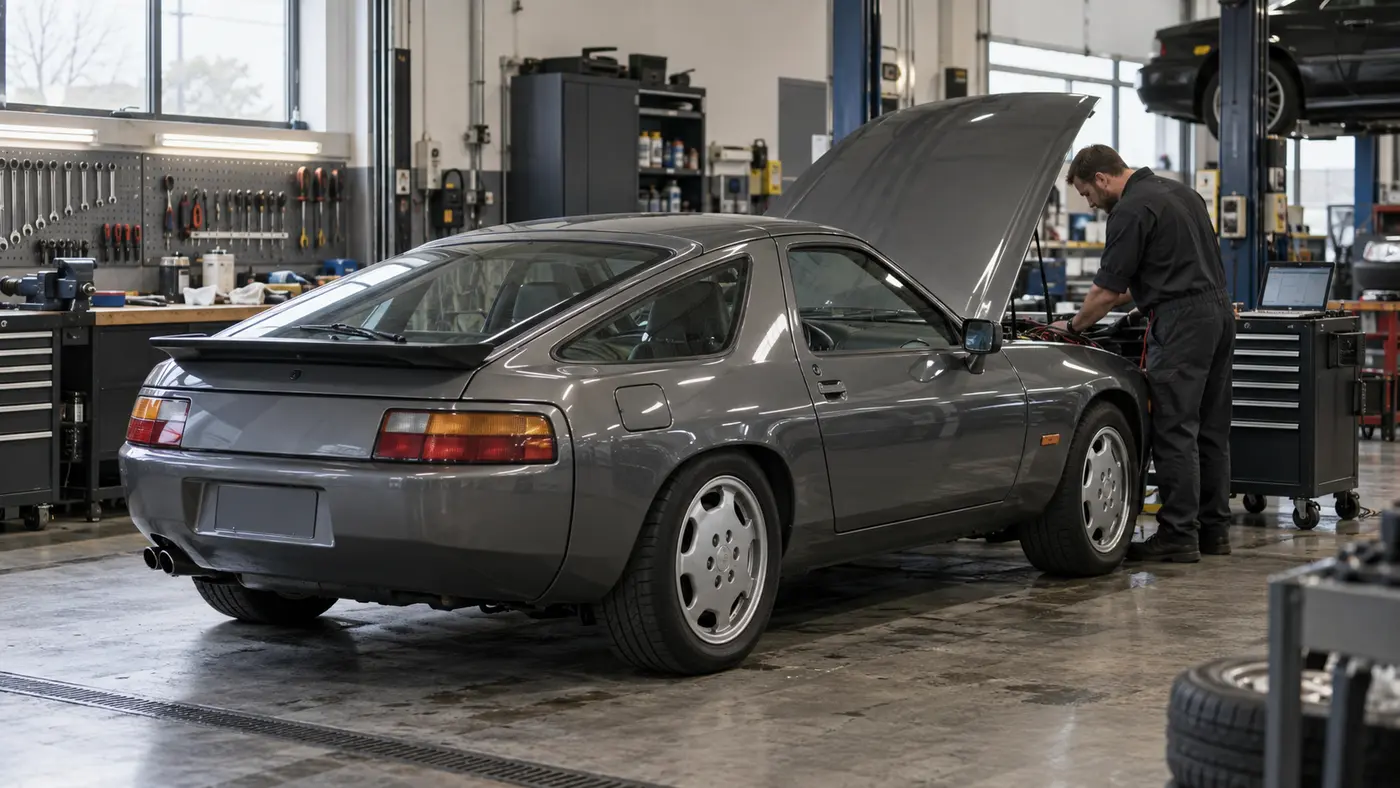Grey Porsche 928 receiving final electrical checks after repair