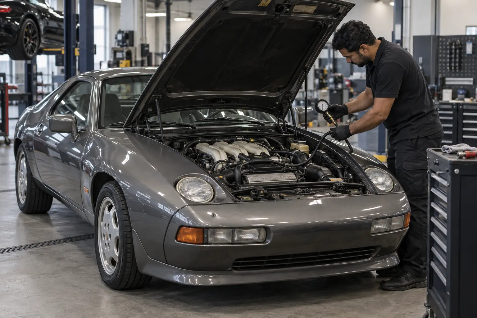 Technician checking the fuel system of a grey Porsche 928 in an independent workshop