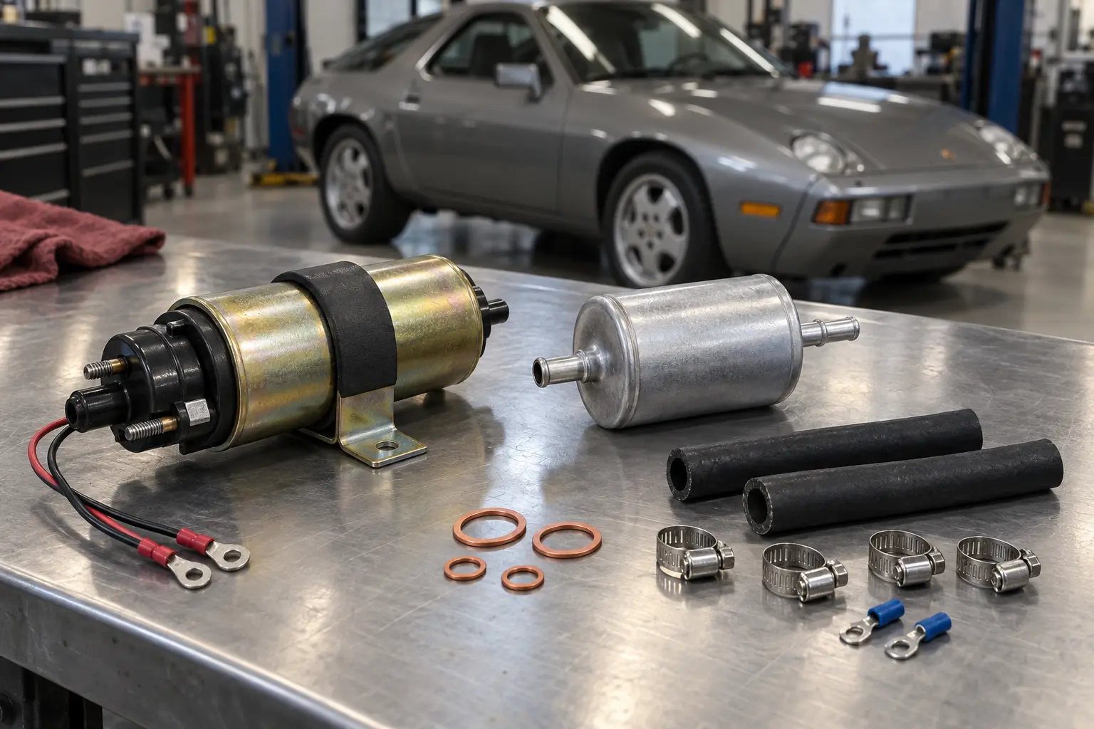 Porsche 928 fuel-system parts arranged for inspection on a clean workshop bench