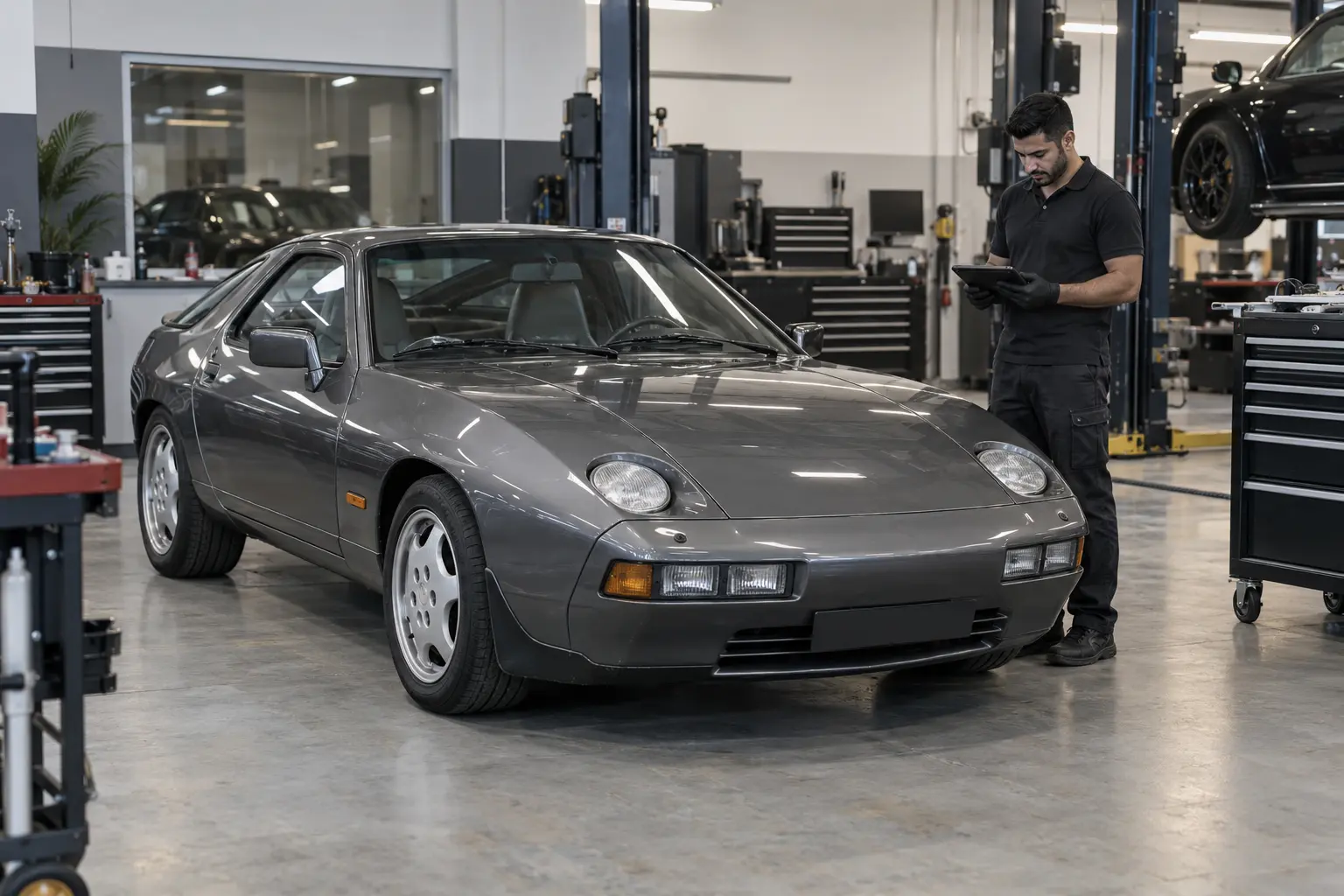 Final fuel-system and running check on a grey Porsche 928 after workshop service