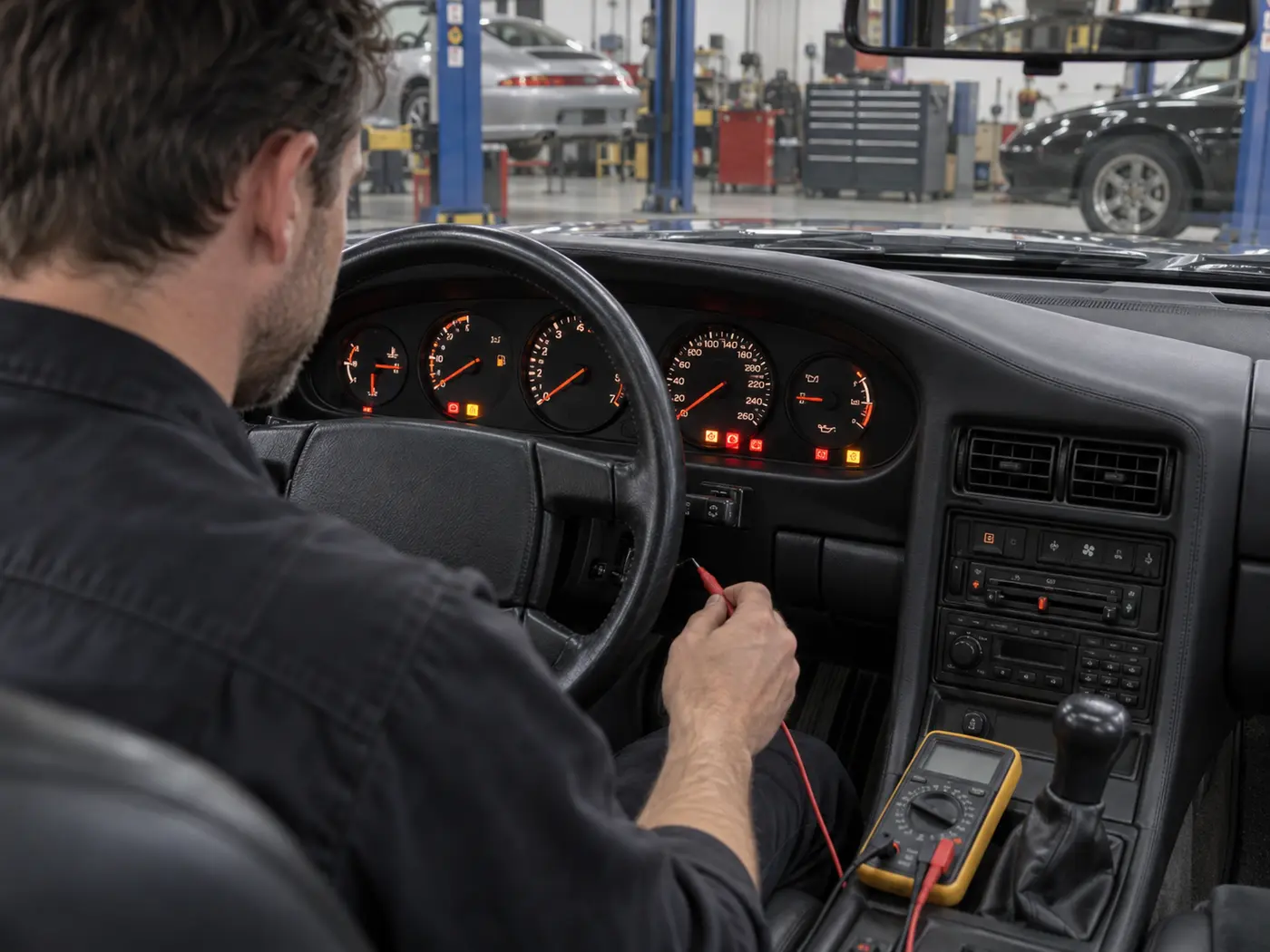 Technician verifying Porsche 928 gauges after instrument cluster repair