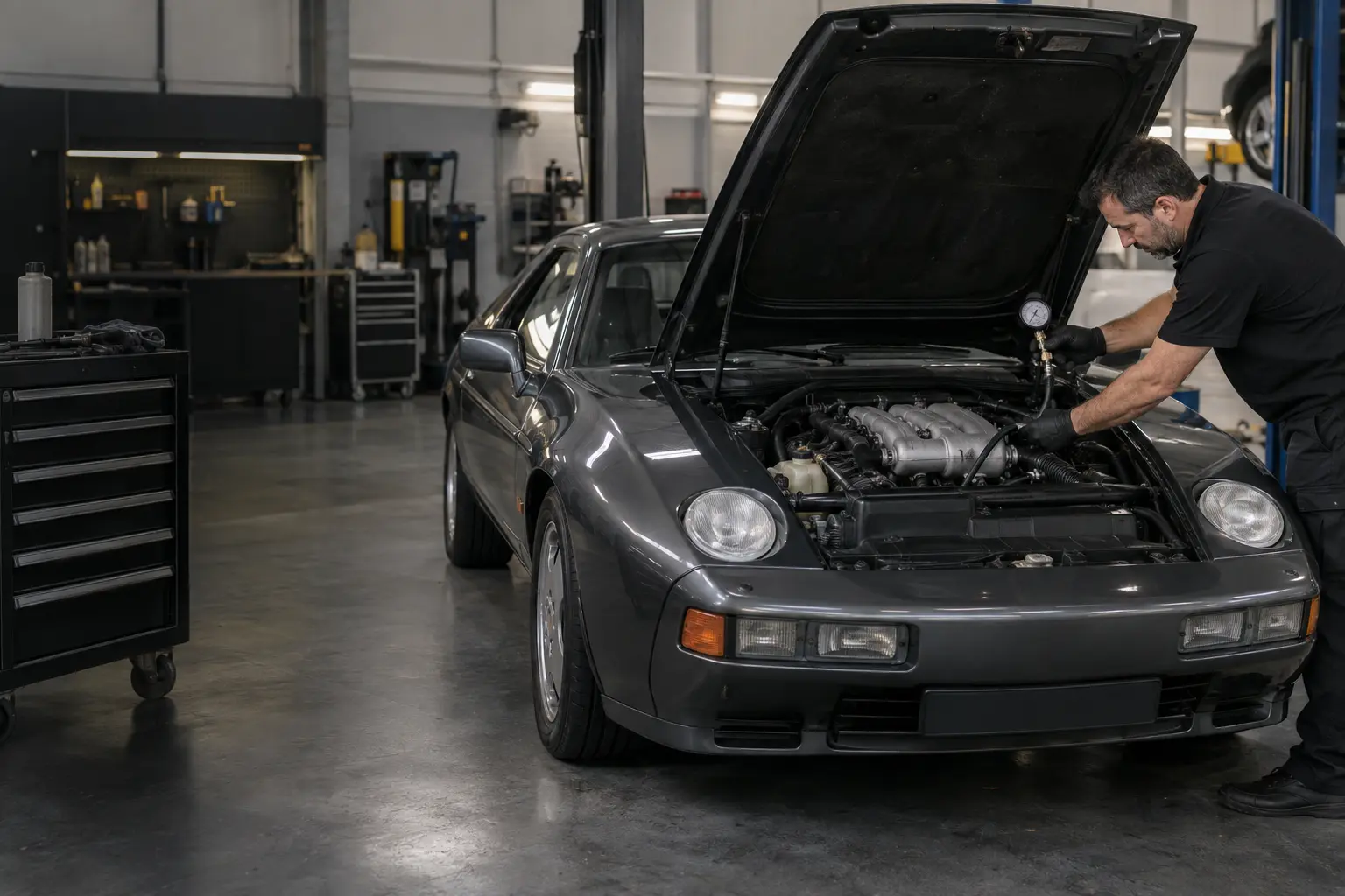 Technician pressure-testing the cooling system of a grey Porsche 928 in a workshop