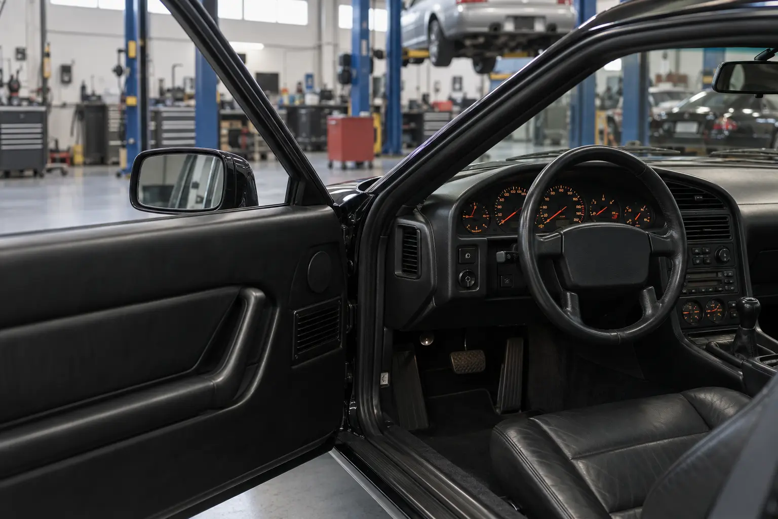 Classic Porsche 928 instrument cluster in a specialist workshop