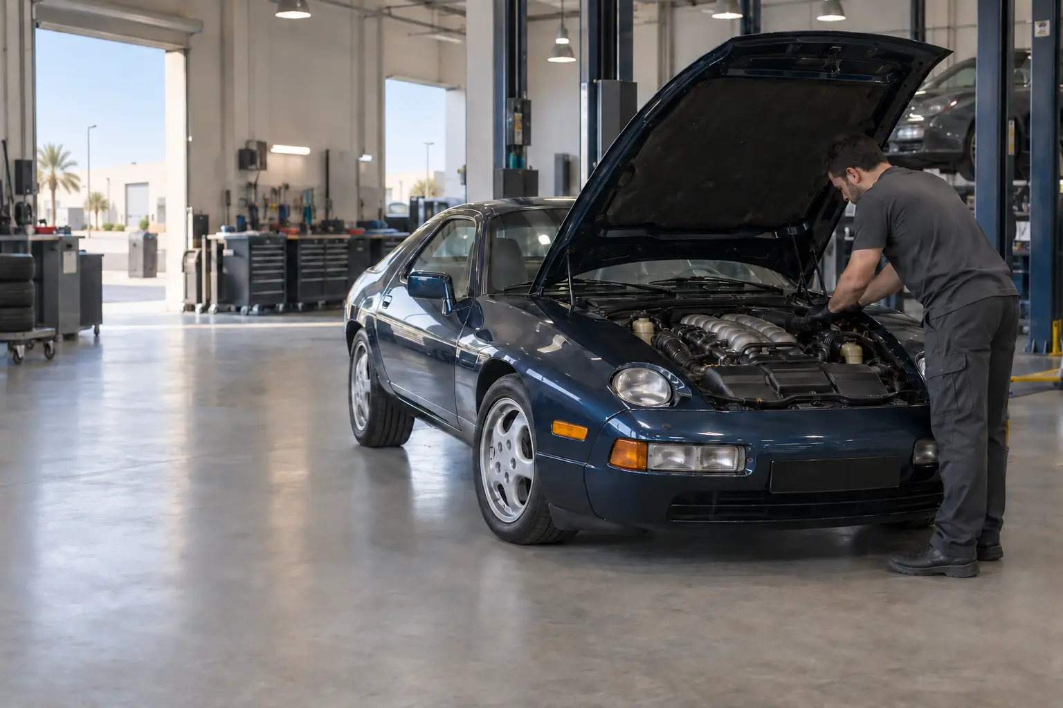 Porsche 928 mechanic inspecting a classic V8 in a Dubai workshop