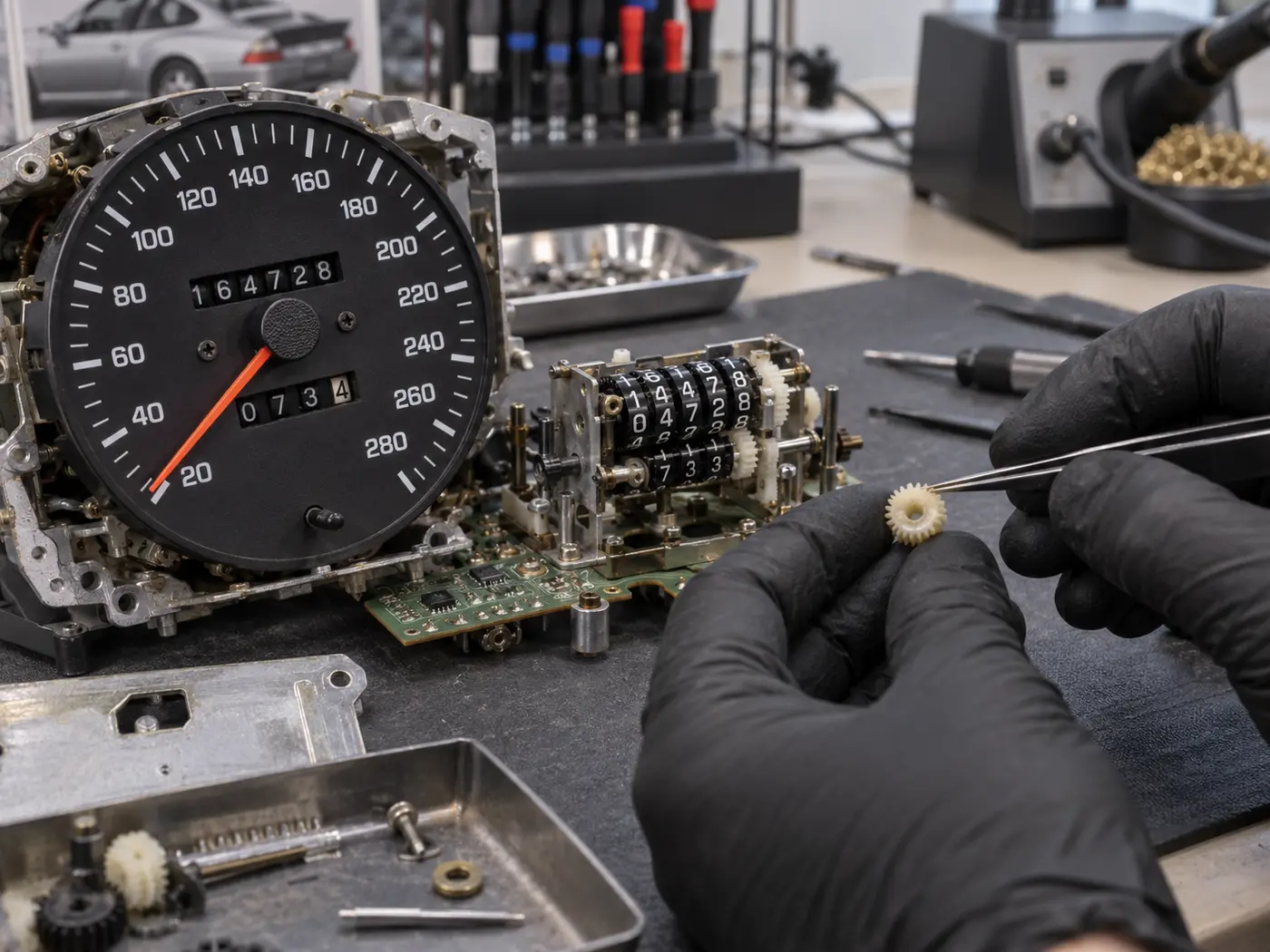 Porsche 928 odometer gear and speedometer repair on a workbench