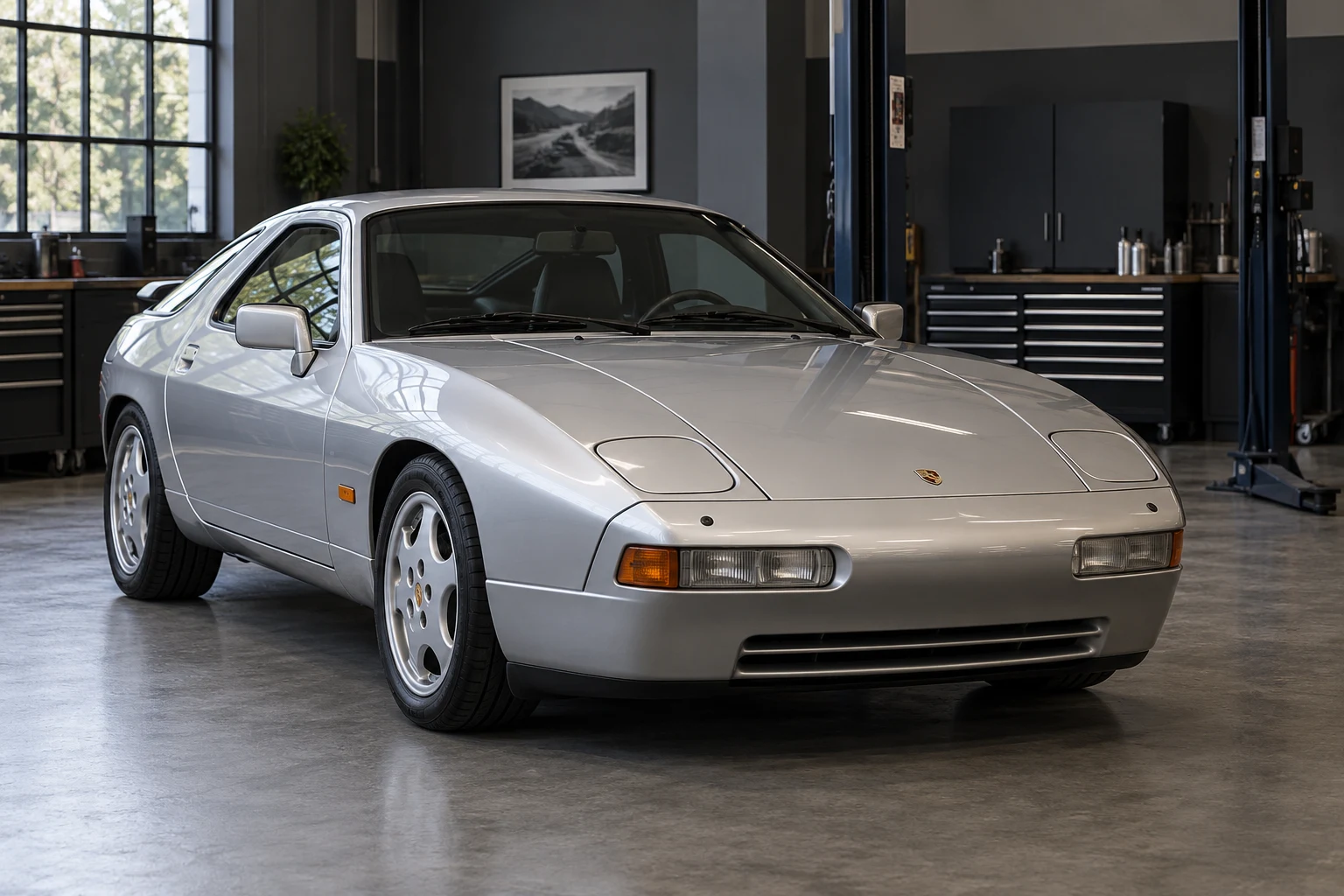 Silver Porsche 928 in a workshop