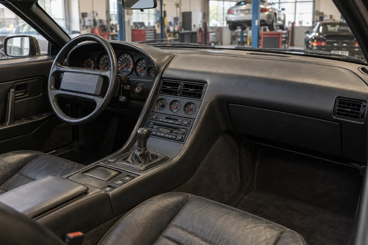 Illustrative restored Porsche 928 dashboard in a workshop