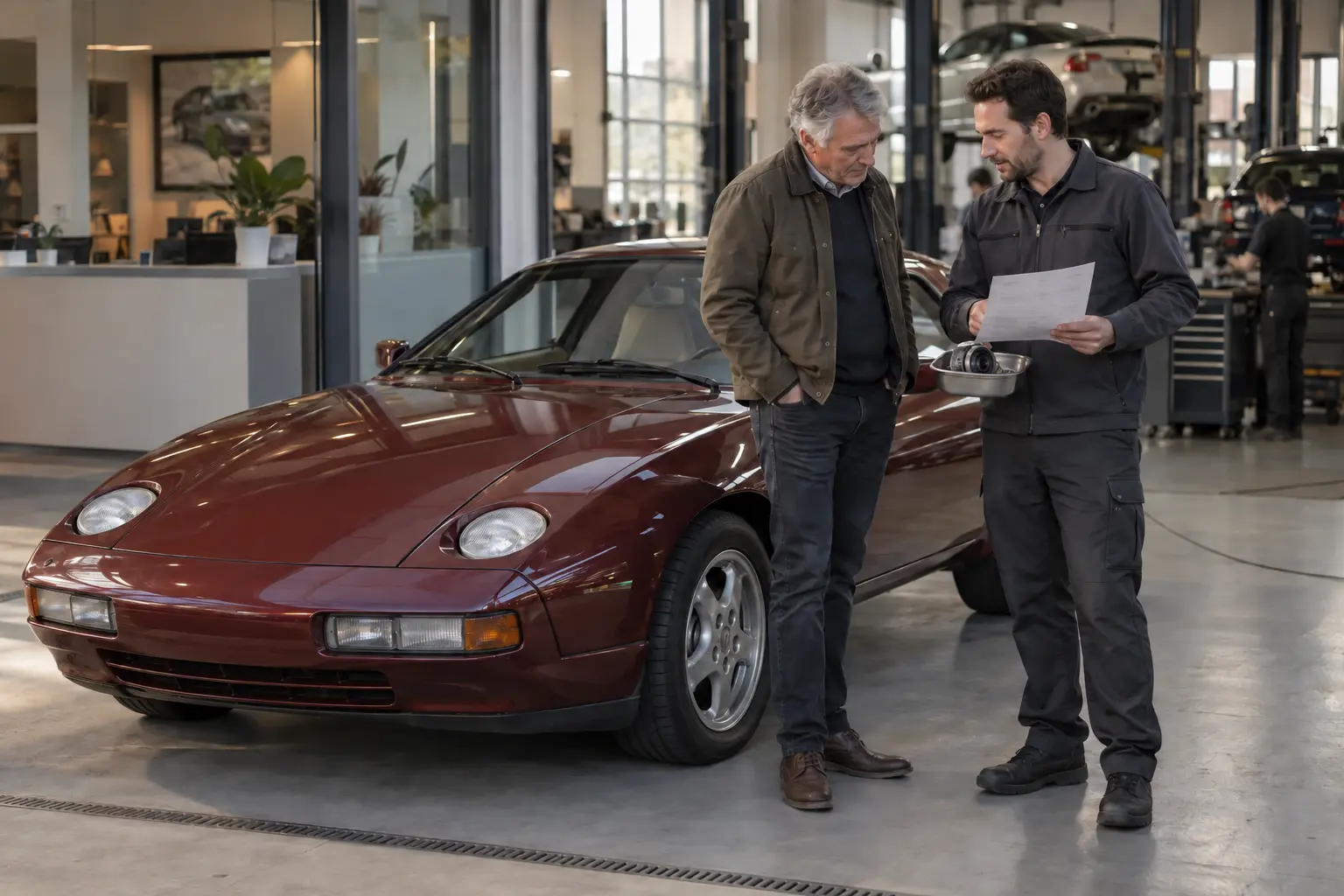 Porsche 928 owner reviewing completed workshop work at handover