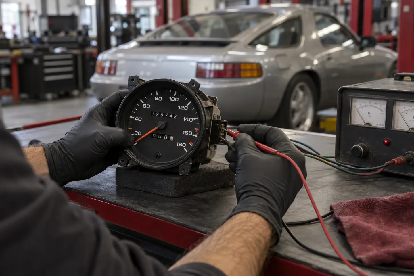 Porsche 928 analog speedometer undergoing a bench test
