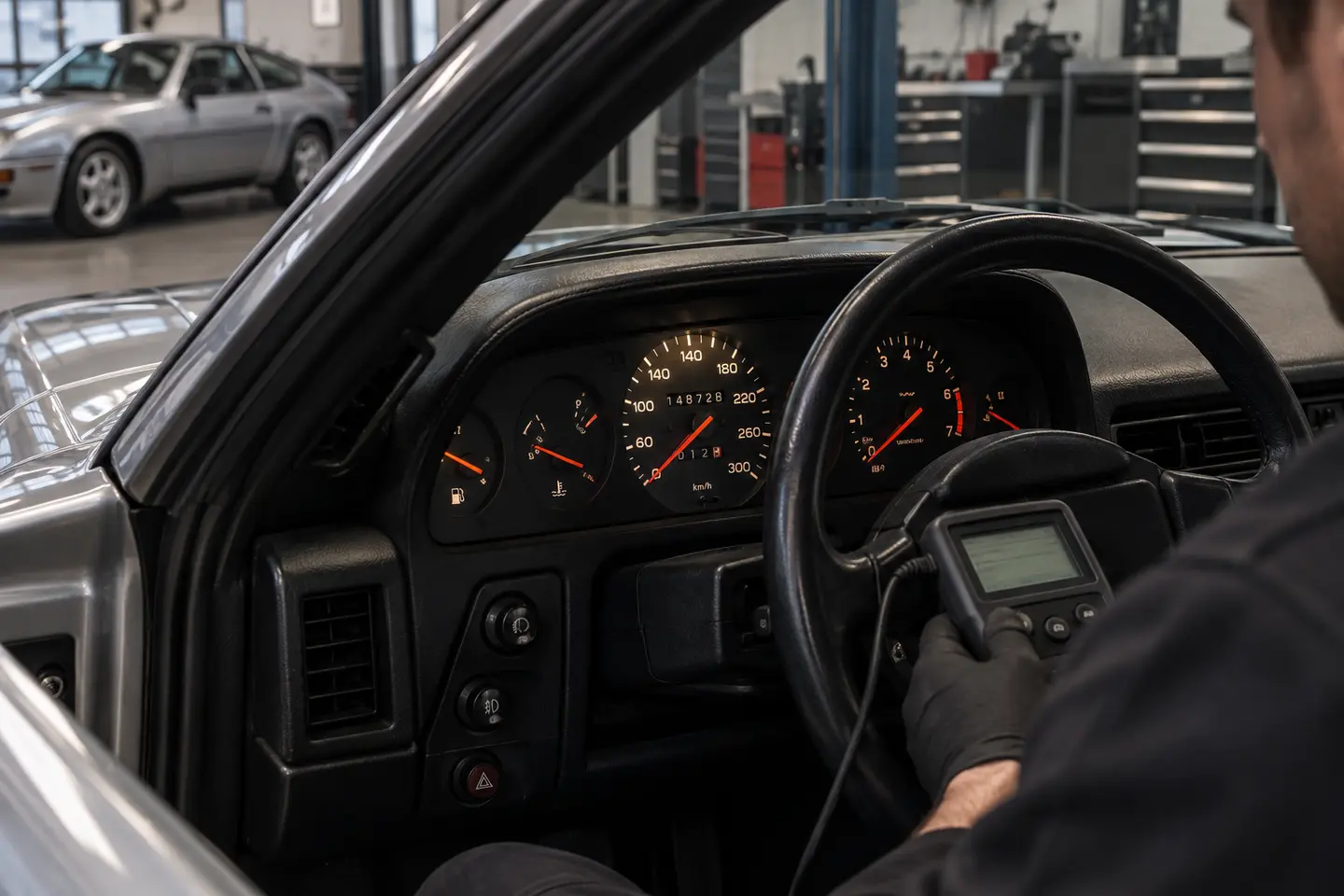Porsche 928 speedometer illuminated during final in-car checks