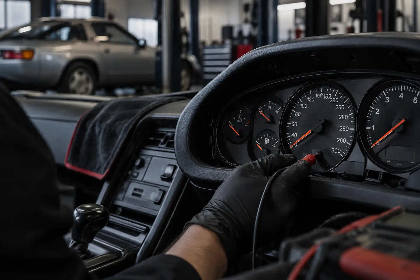 Classic Porsche 928 speedometer being checked in a workshop