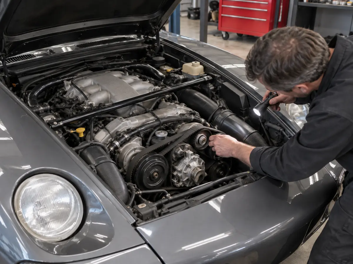 Technician inspecting the Porsche 928 timing-belt tensioner and water-pump area