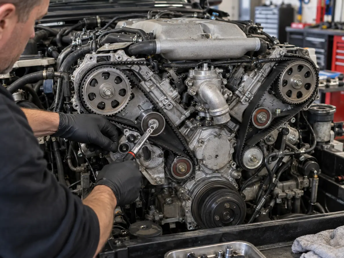 Technician working on the exposed timing-belt drive of a Porsche 928 V8