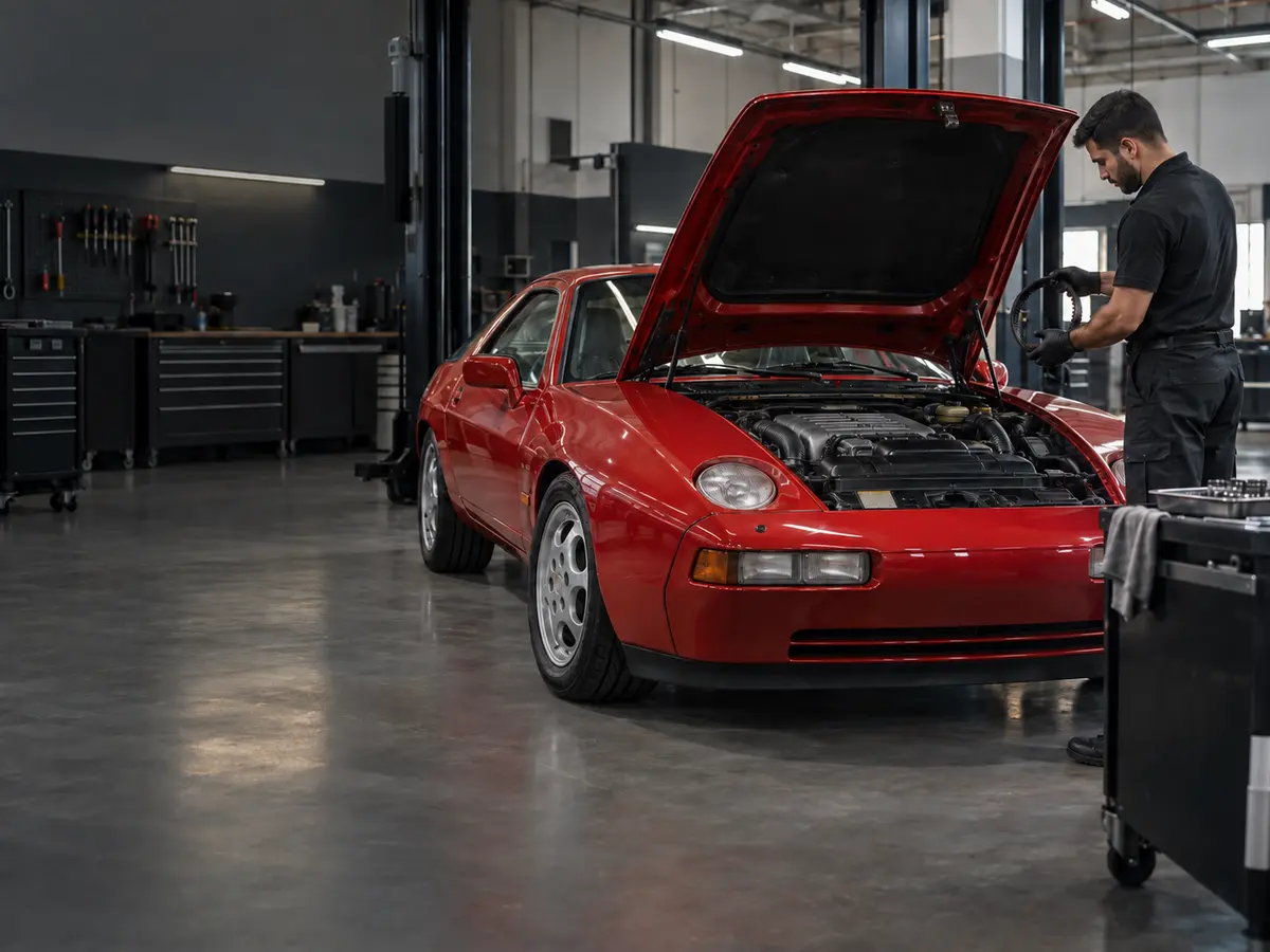 Red Porsche 928 prepared for timing-belt service in a specialist Dubai workshop
