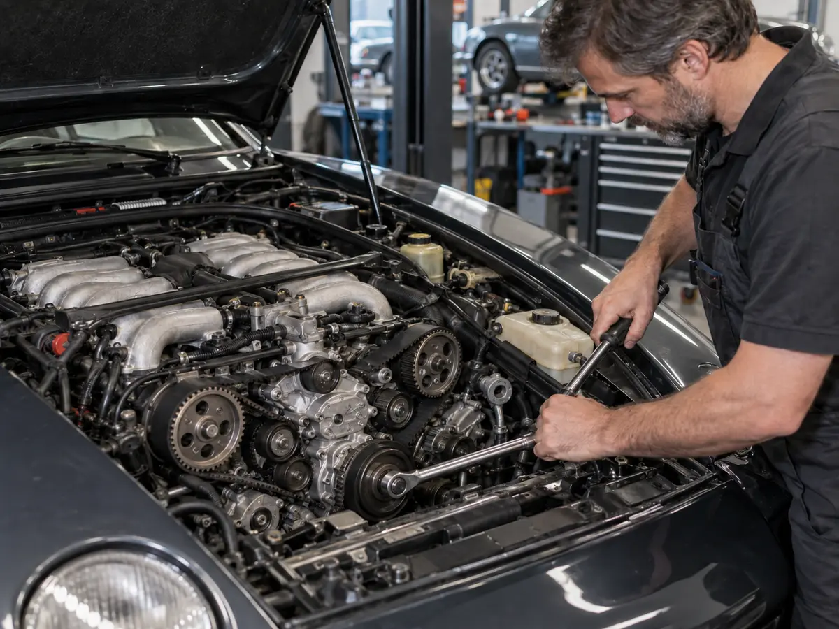 Technician completing final timing verification on a Porsche 928 V8