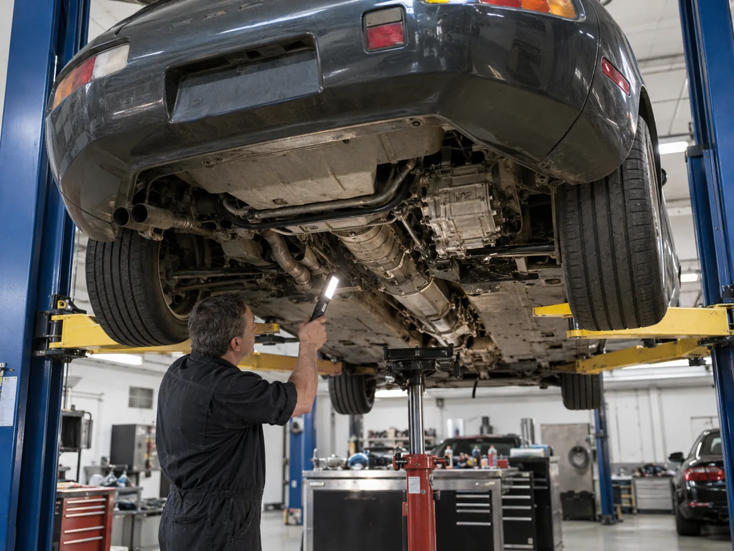 Porsche 928 torque tube and rear transaxle inspection on a workshop lift