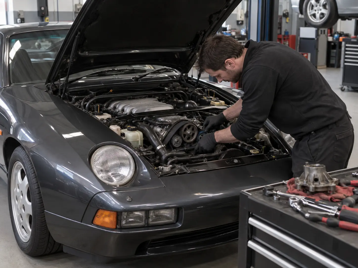 Porsche 928 water pump and timing-belt area being serviced in a workshop