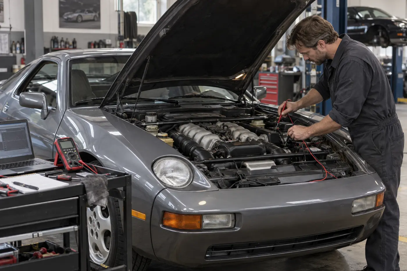 Technician testing Porsche 928 wiring voltage and grounds