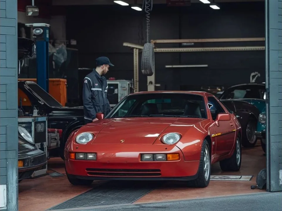 Red Porsche 928 in an independent Dubai workshop for cooling-system inspection