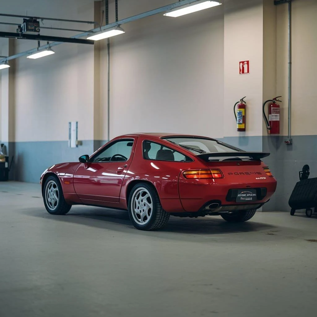 Red Porsche 928 in a workshop