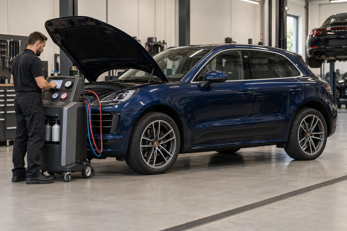 Porsche Macan beside an AC service machine