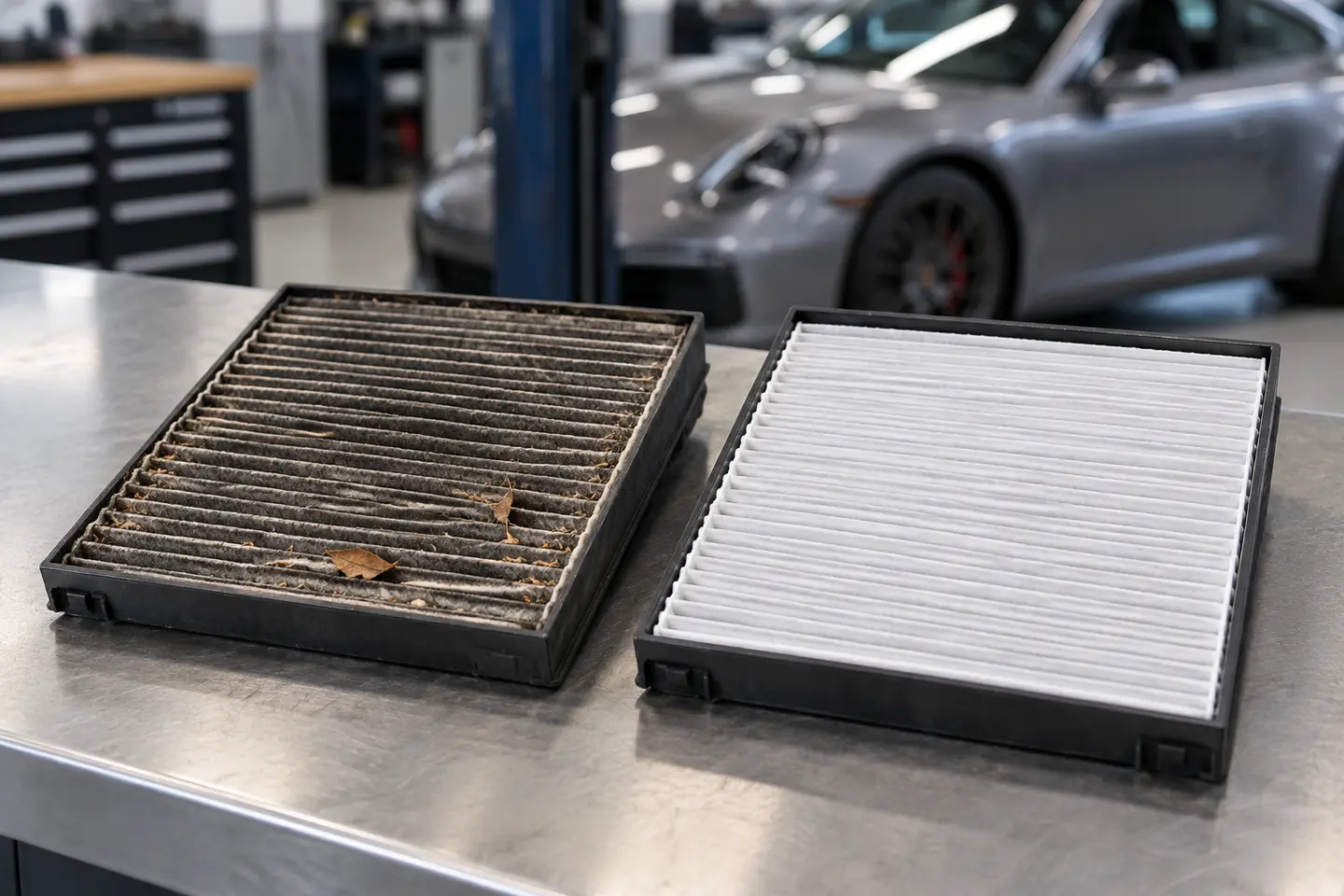 Used and clean cabin air filters on a workshop bench