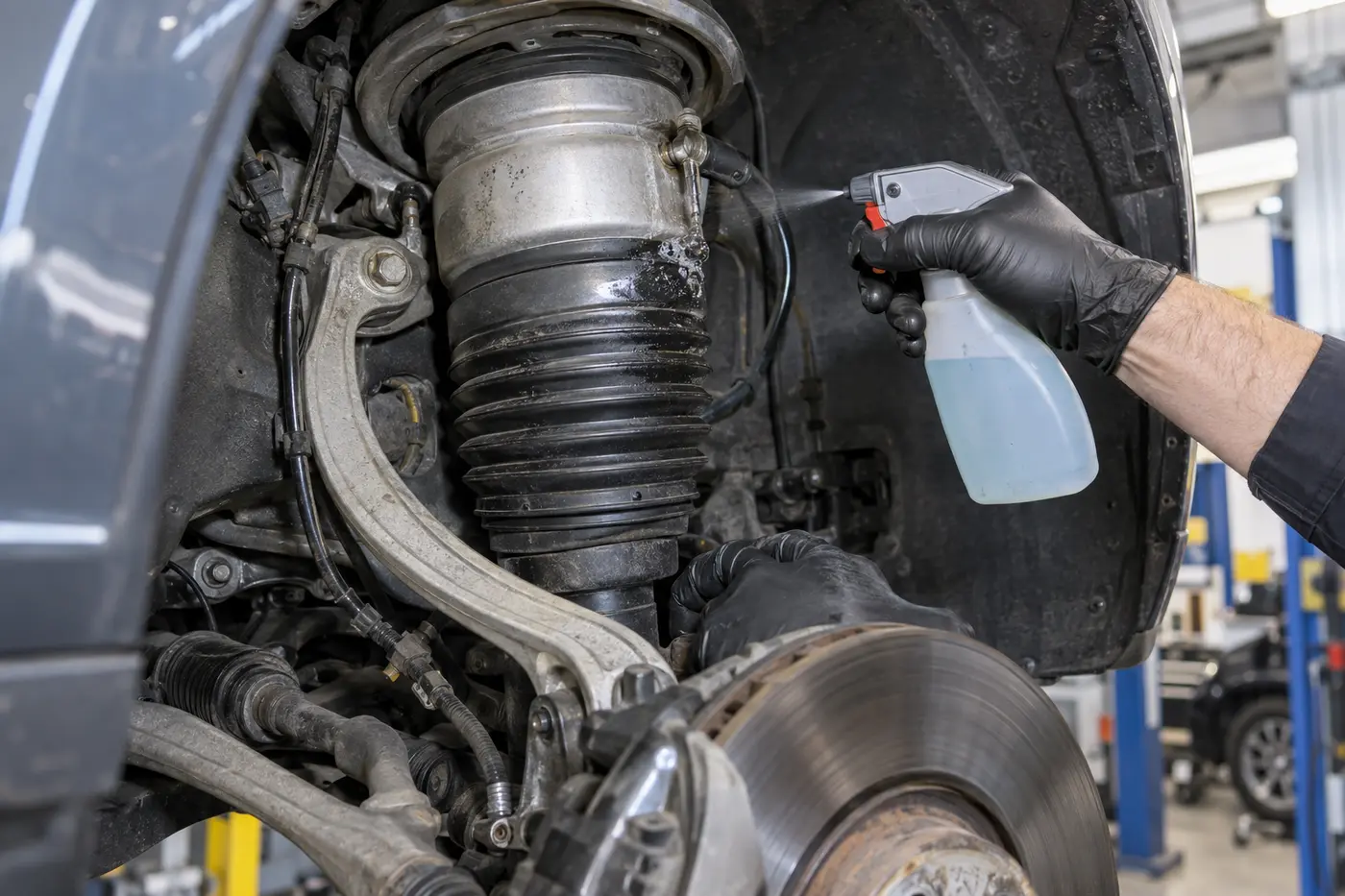 Leak-detection solution applied to a Porsche air-suspension strut and air-line connection